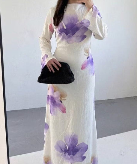 Watercolour Floral Washed-Crinkle Wide-Sleeve Maxi Dress(MS473)