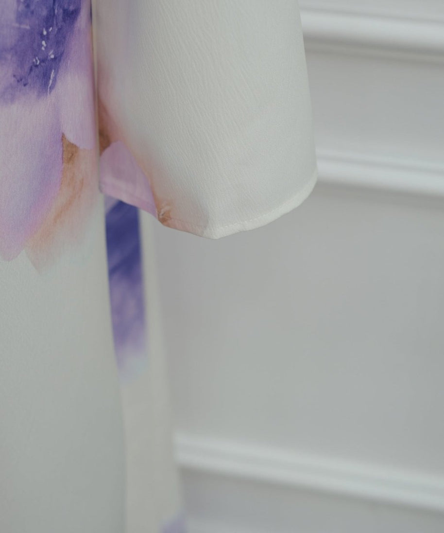 Watercolour Floral Washed-Crinkle Wide-Sleeve Maxi Dress(MS473)