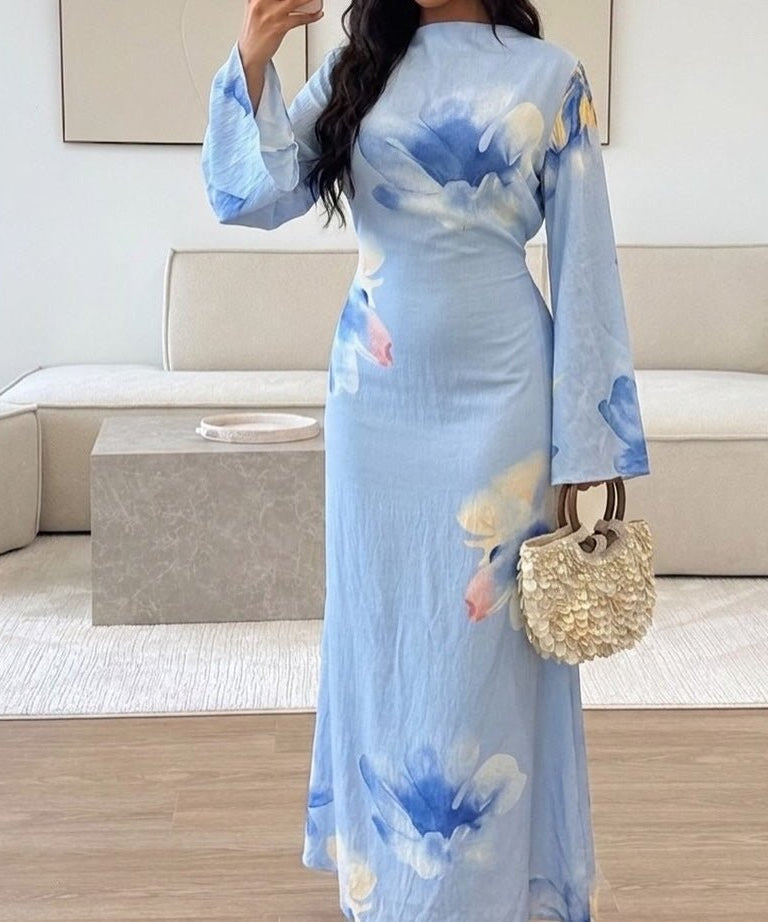 Watercolour Floral Washed-Crinkle Wide-Sleeve Maxi Dress(MS473)