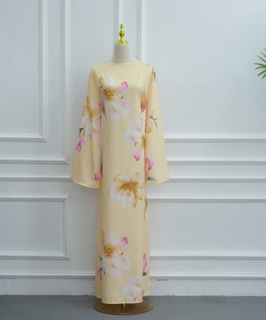 Watercolour Floral Washed-Crinkle Wide-Sleeve Maxi Dress(MS473)
