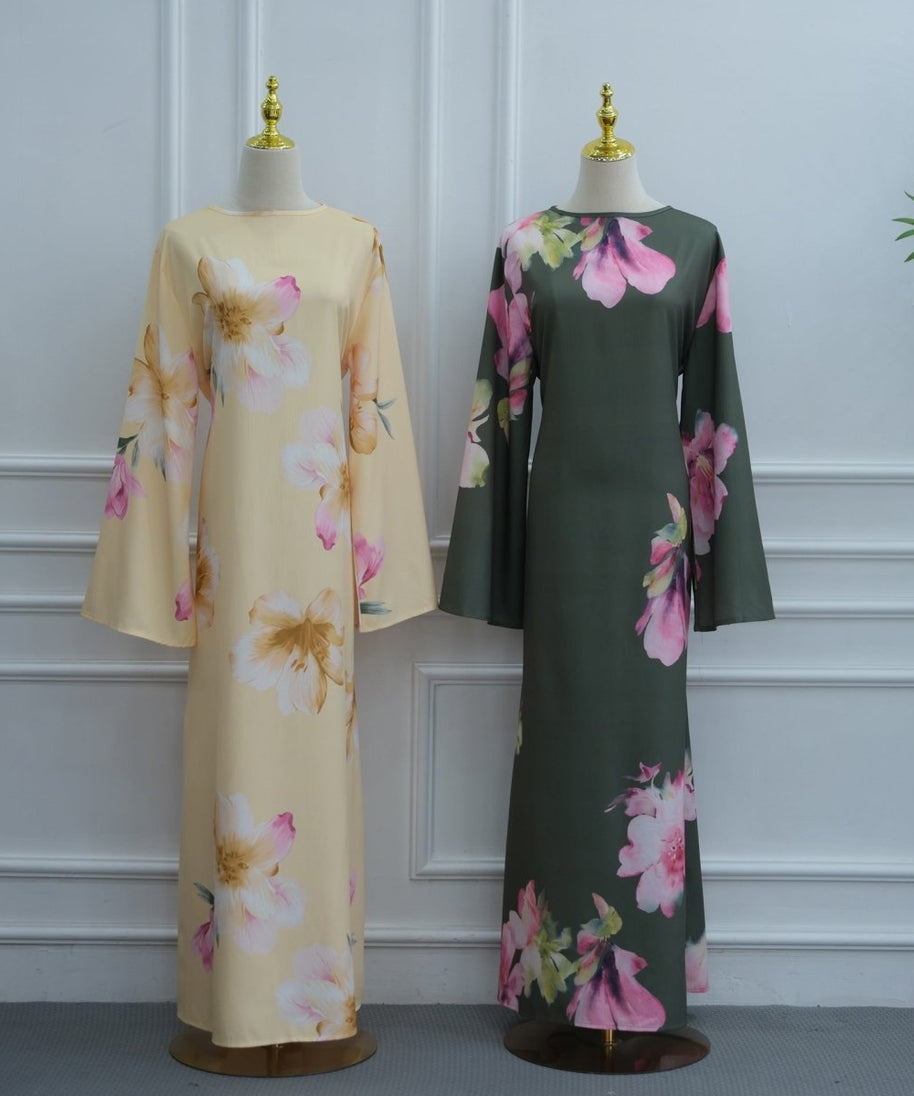 Watercolour Floral Washed-Crinkle Wide-Sleeve Maxi Dress(MS473)