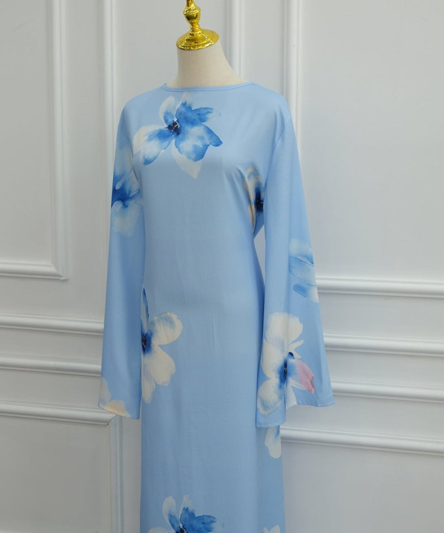 Watercolour Floral Washed-Crinkle Wide-Sleeve Maxi Dress(MS473)