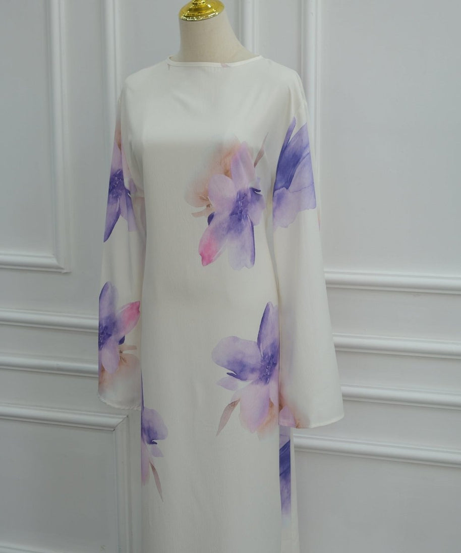 Watercolour Floral Washed-Crinkle Wide-Sleeve Maxi Dress(MS473)