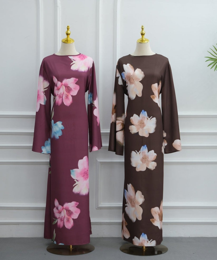 Watercolour Floral Washed-Crinkle Wide-Sleeve Maxi Dress(MS473)