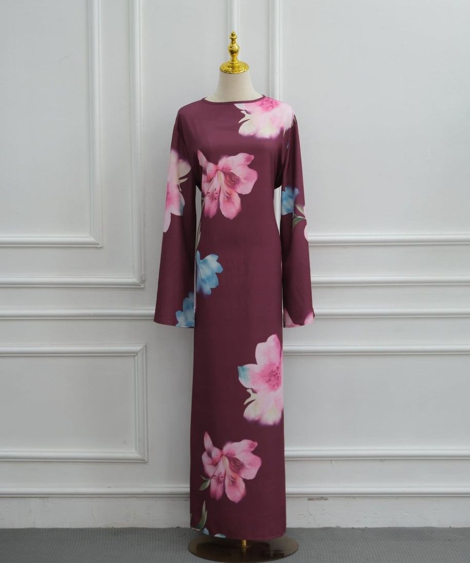 Watercolour Floral Washed-Crinkle Wide-Sleeve Maxi Dress(MS473)