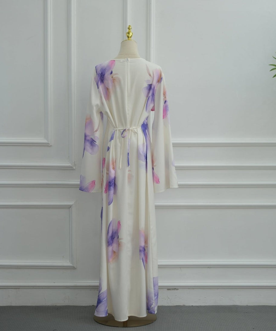 Watercolour Floral Washed-Crinkle Wide-Sleeve Maxi Dress(MS473)