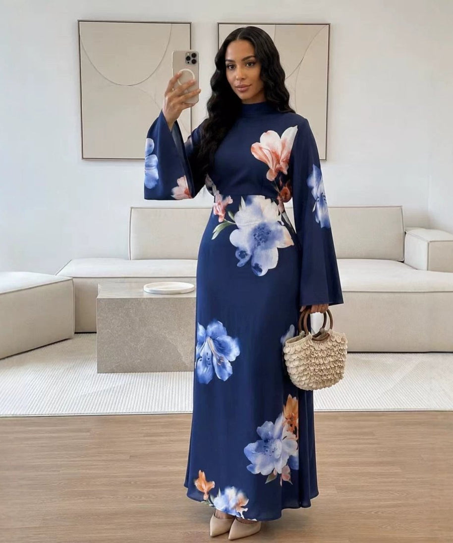 Watercolour Floral Washed-Crinkle Wide-Sleeve Maxi Dress(MS473)