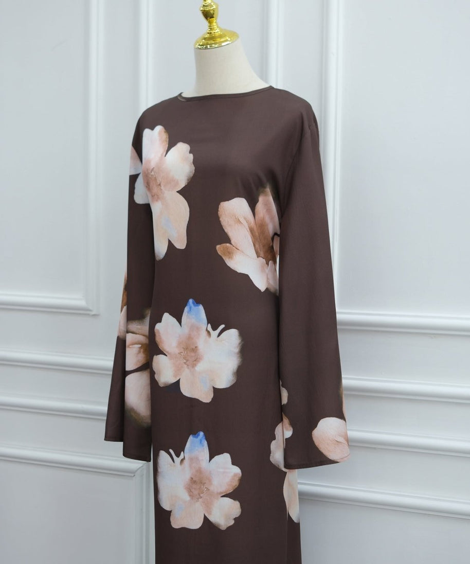 Watercolour Floral Washed-Crinkle Wide-Sleeve Maxi Dress(MS473)