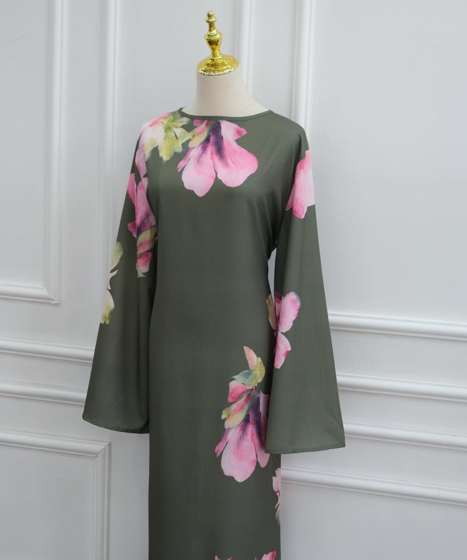 Watercolour Floral Washed-Crinkle Wide-Sleeve Maxi Dress(MS473)