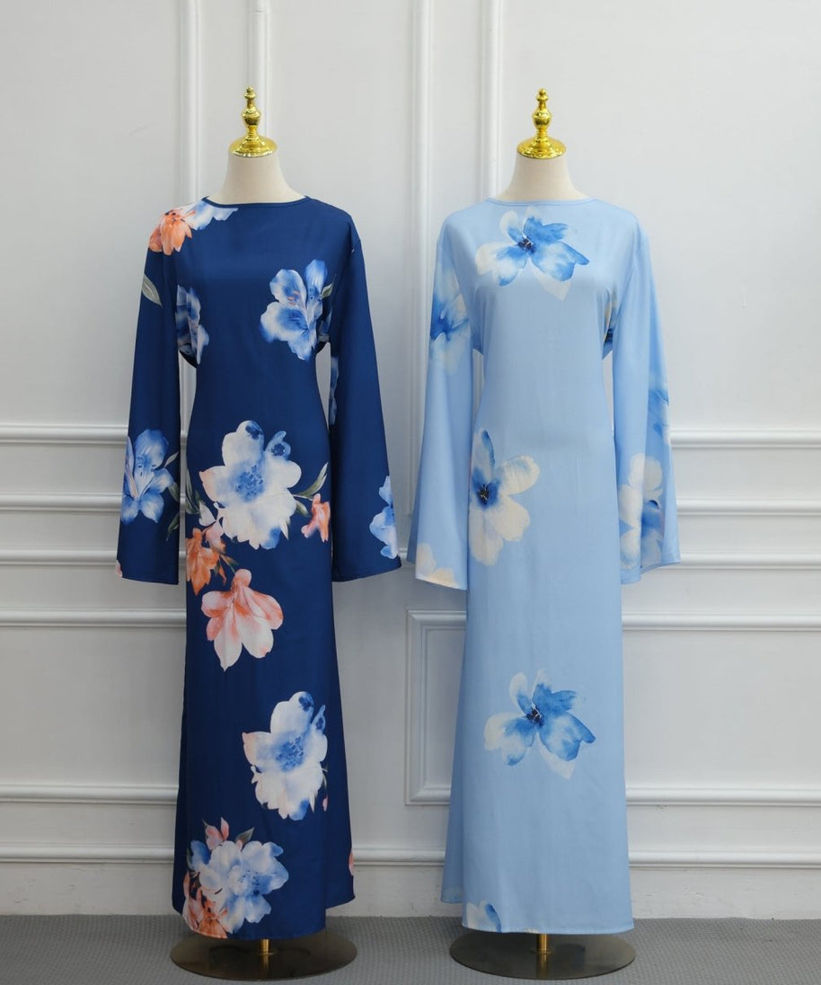 Watercolour Floral Washed-Crinkle Wide-Sleeve Maxi Dress(MS473)