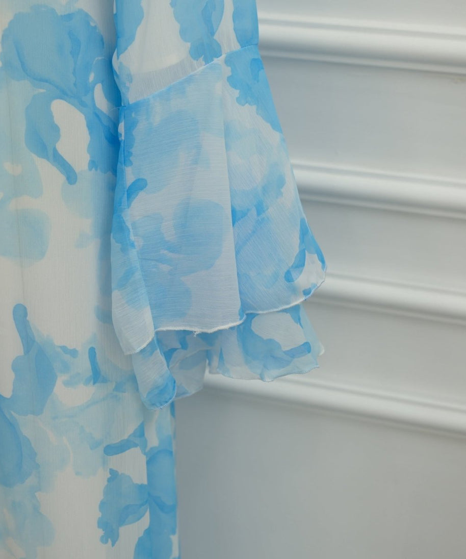 Watercolour Print Double-Layer Flared-Sleeve Maxi Dress(MS479)