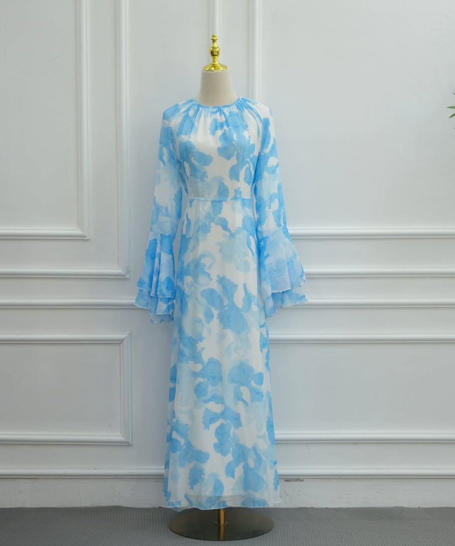 Watercolour Print Double-Layer Flared-Sleeve Maxi Dress(MS479)