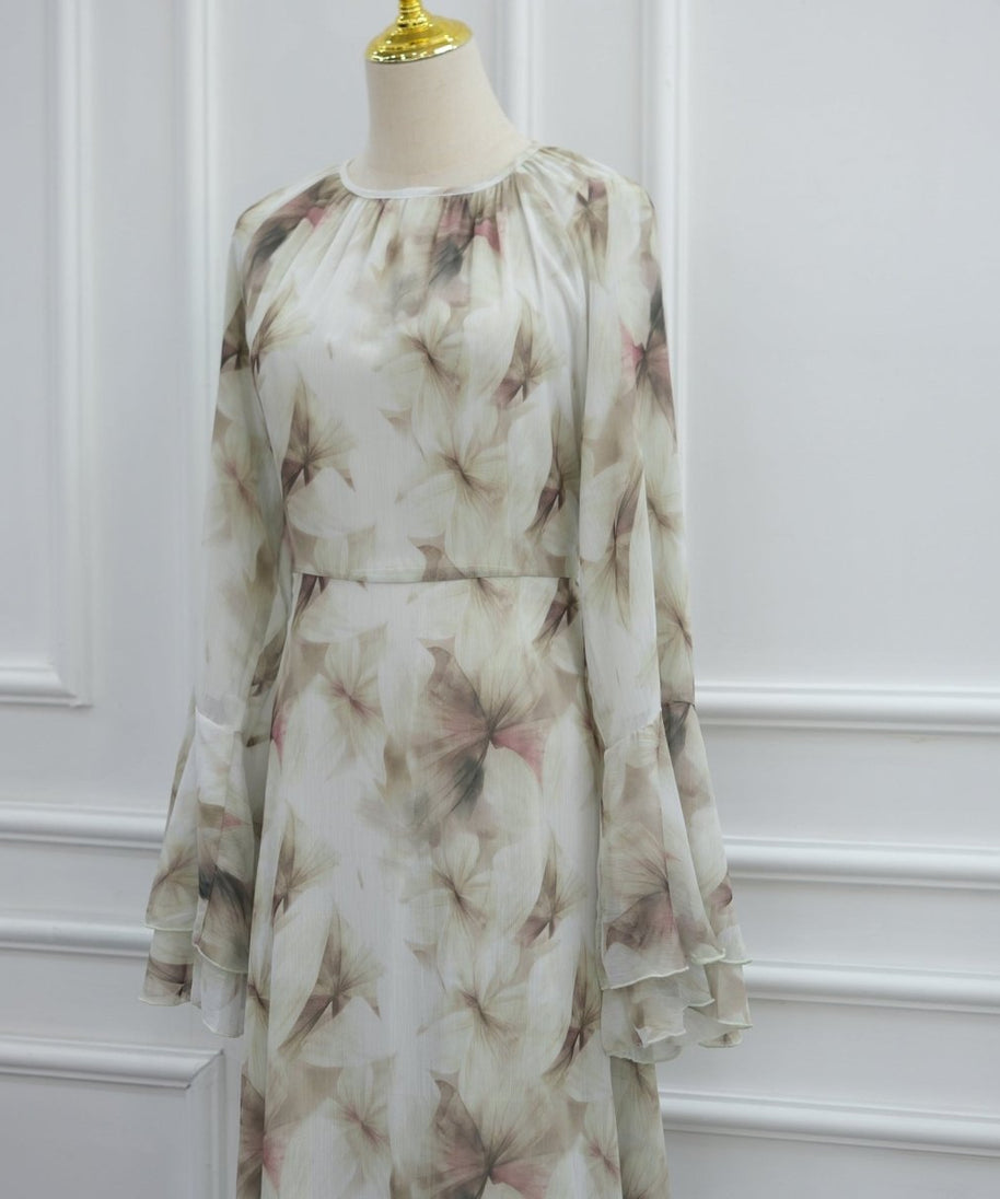 Watercolour Print Double-Layer Flared-Sleeve Maxi Dress(MS479)