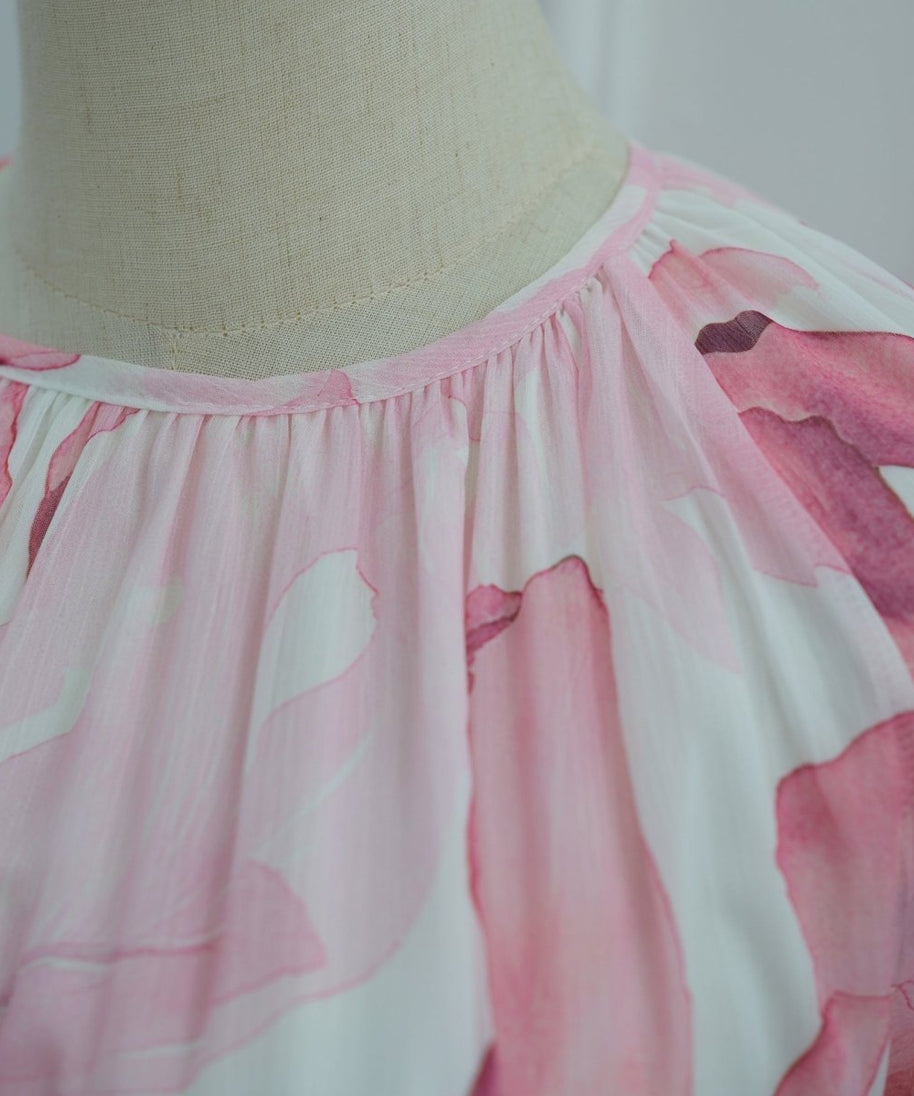 Watercolour Print Double-Layer Flared-Sleeve Maxi Dress(MS479)
