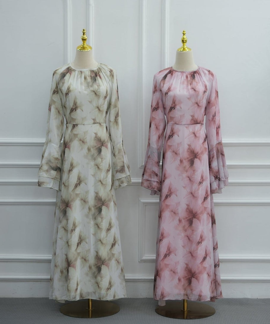 Watercolour Print Double-Layer Flared-Sleeve Maxi Dress(MS479)