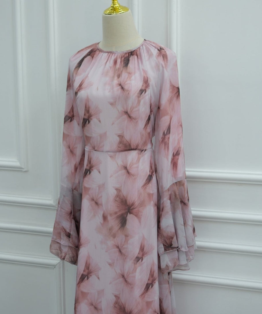Watercolour Print Double-Layer Flared-Sleeve Maxi Dress(MS479)