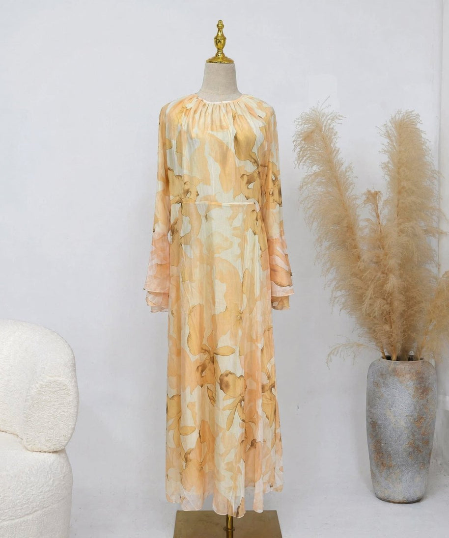 Watercolour Print Double-Layer Flared-Sleeve Maxi Dress(MS479)