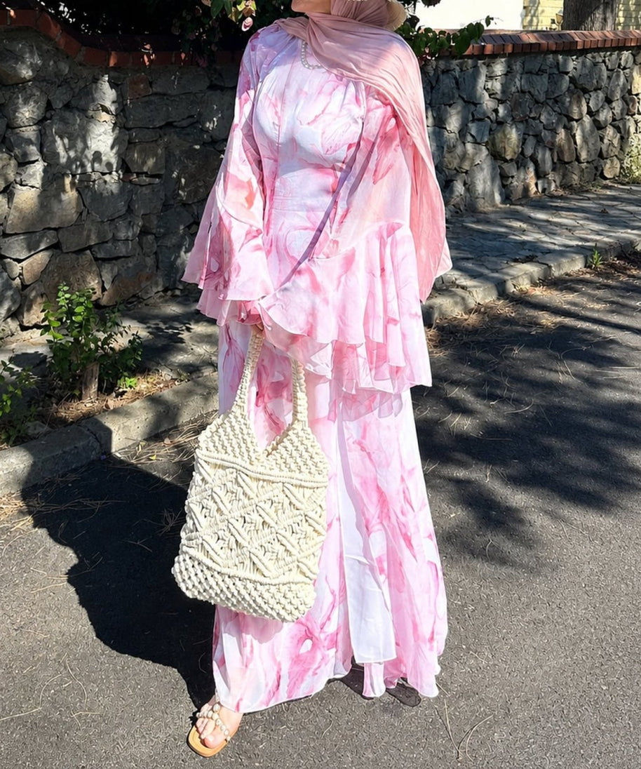 Watercolour Print Double-Layer Flared-Sleeve Maxi Dress(MS479)