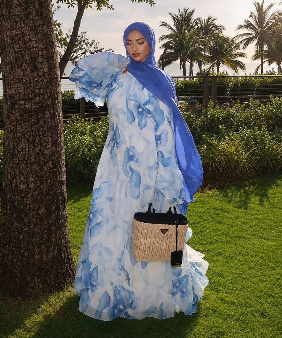 Watercolour Print Double-Layer Flared-Sleeve Maxi Dress(MS479)