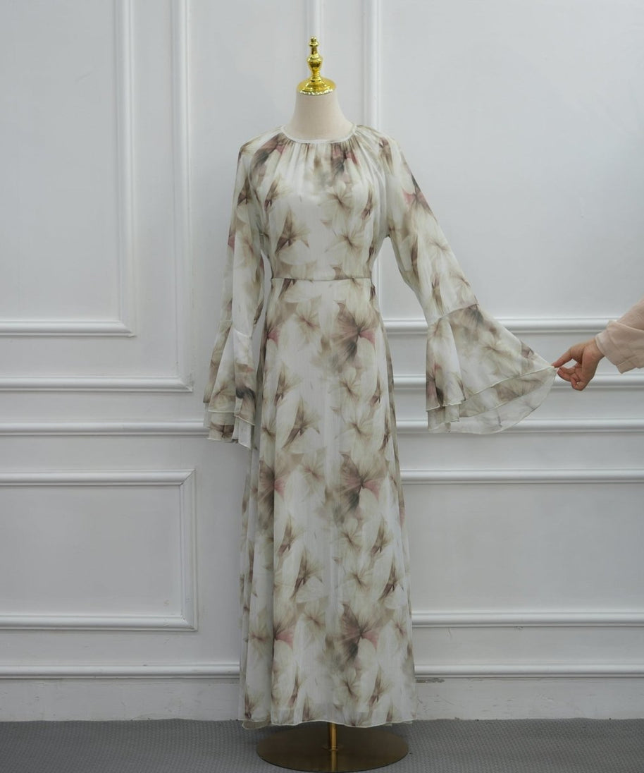 Watercolour Print Double-Layer Flared-Sleeve Maxi Dress(MS479)