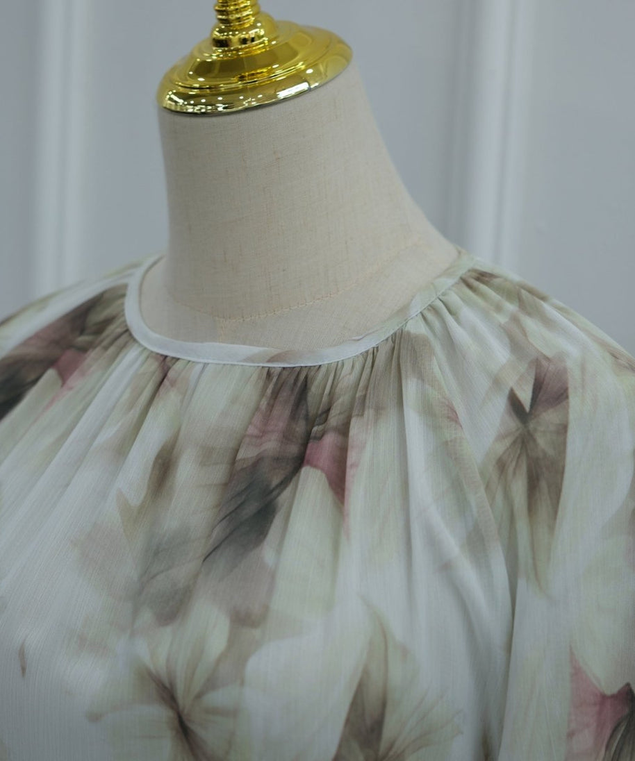 Watercolour Print Double-Layer Flared-Sleeve Maxi Dress(MS479)