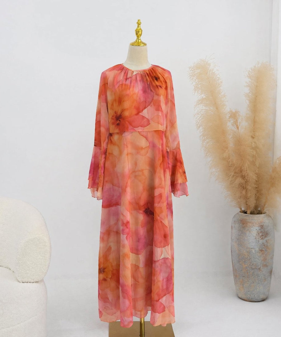 Watercolour Print Double-Layer Flared-Sleeve Maxi Dress(MS479)