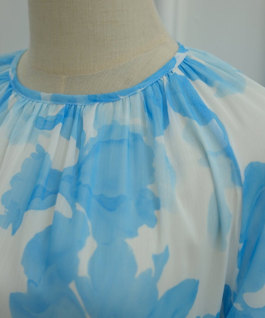 Watercolour Print Double-Layer Flared-Sleeve Maxi Dress(MS479)