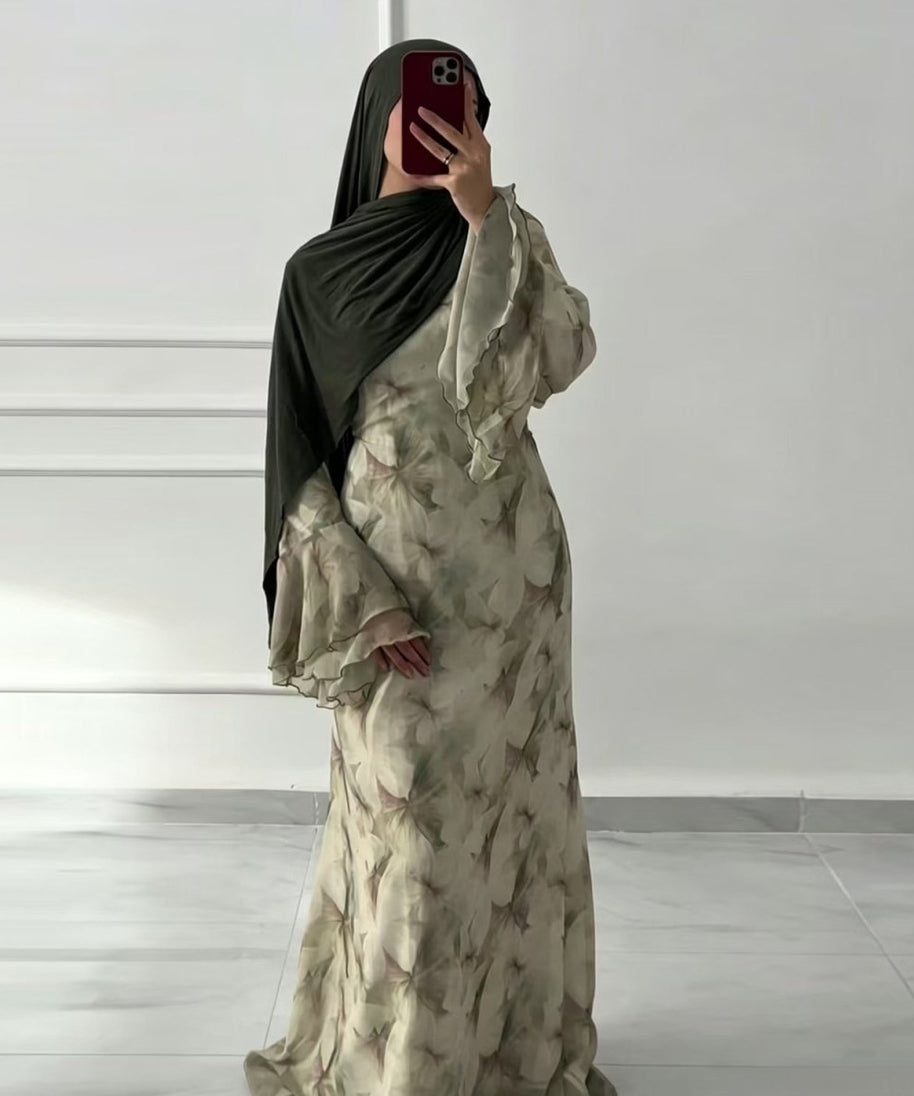 Watercolour Print Double-Layer Flared-Sleeve Maxi Dress(MS479)