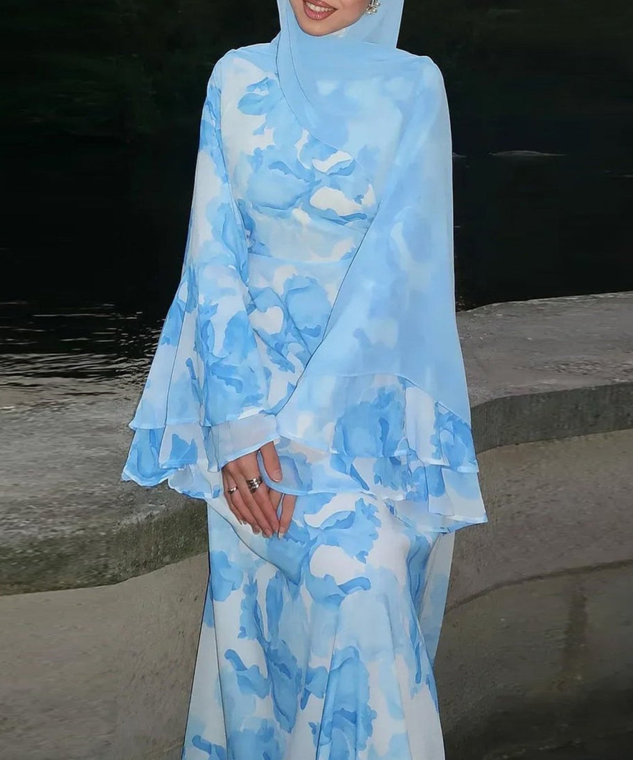 Watercolour Print Double-Layer Flared-Sleeve Maxi Dress(MS479)
