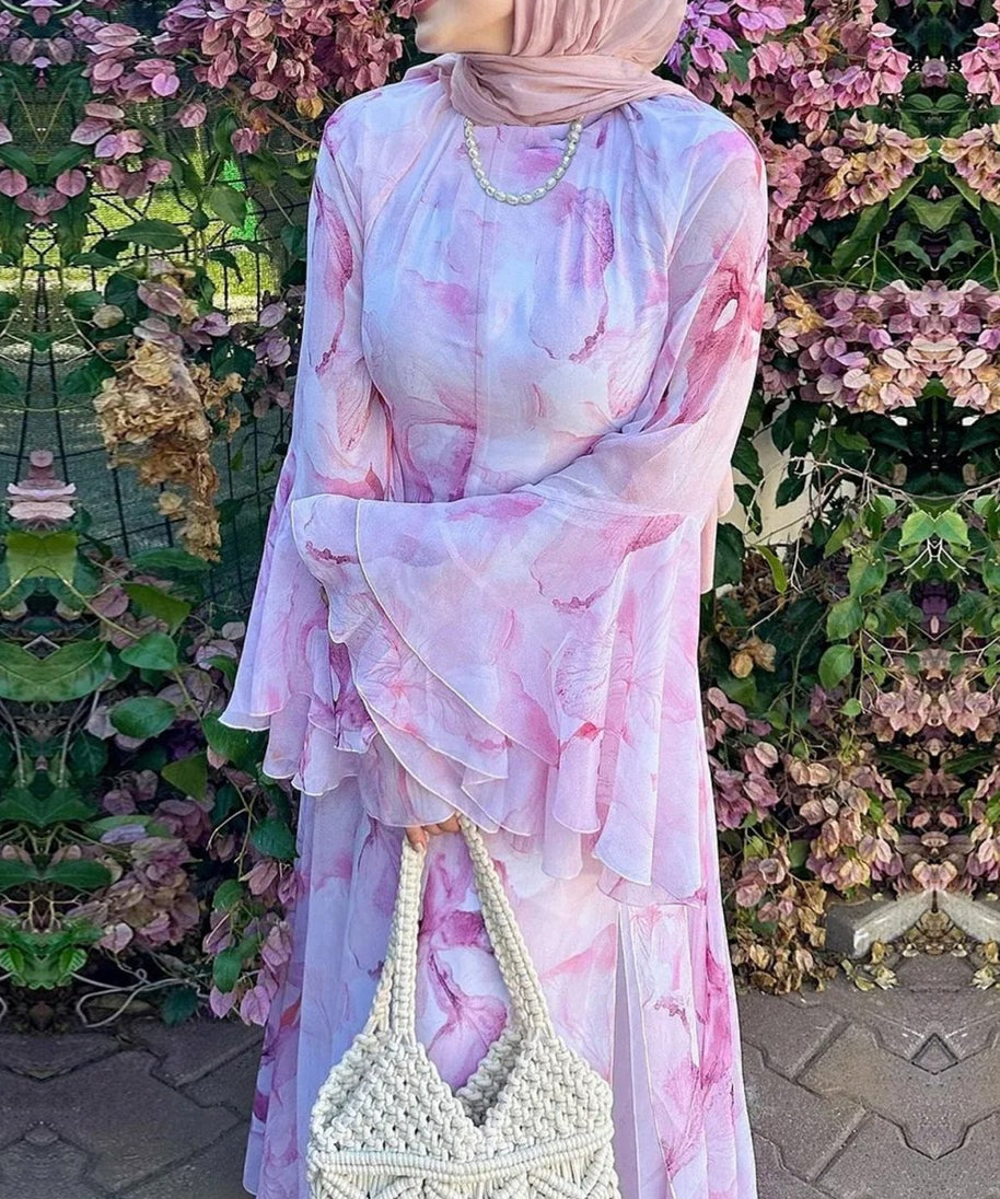 Watercolour Print Double-Layer Flared-Sleeve Maxi Dress(MS479)