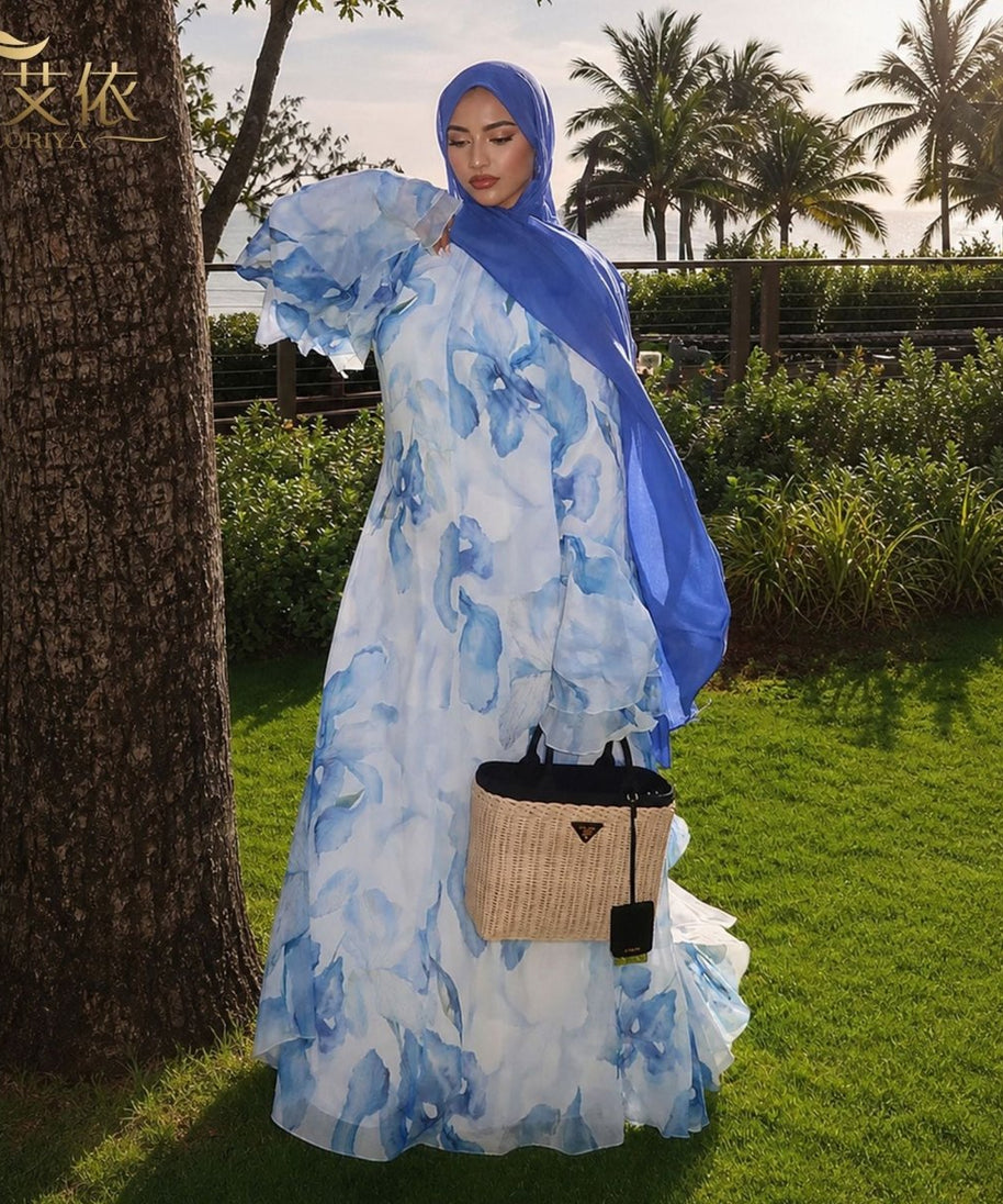 Watercolour Print Double-Layer Flared-Sleeve Maxi Dress(MS479)