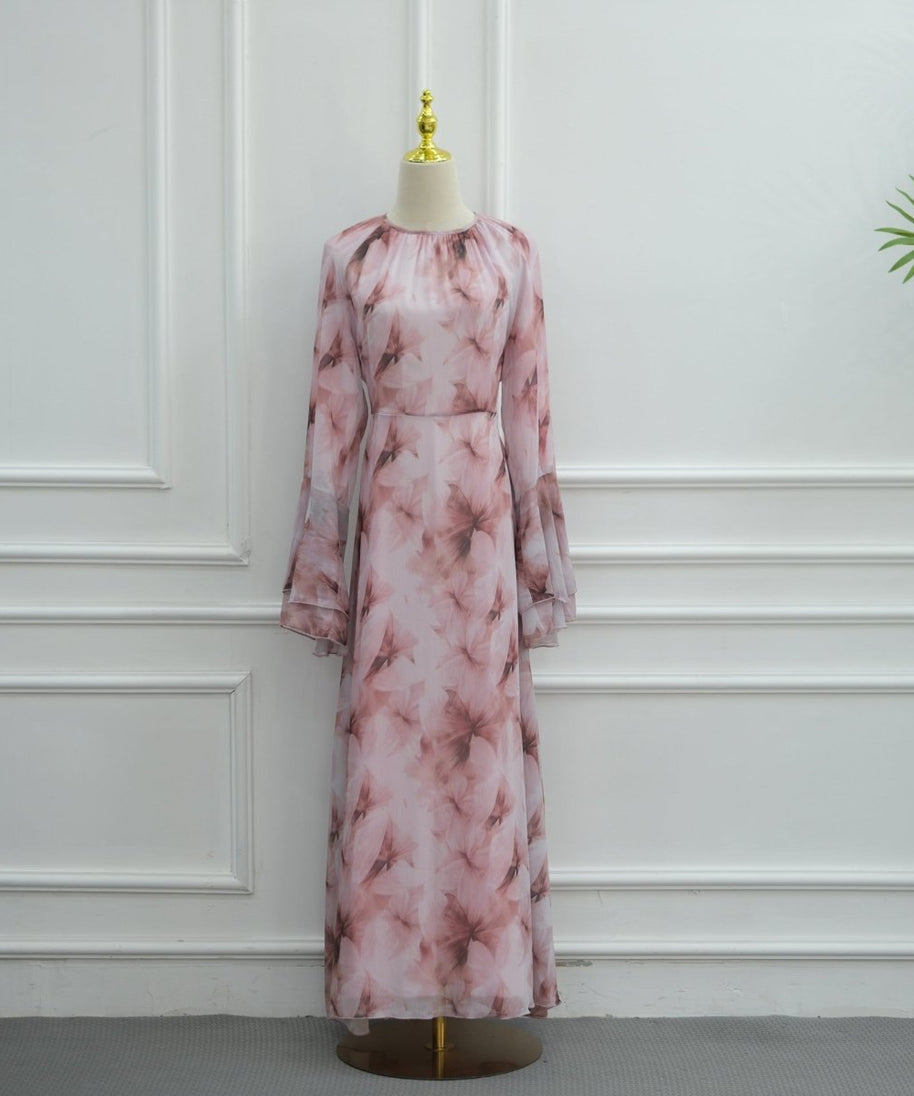 Watercolour Print Double-Layer Flared-Sleeve Maxi Dress(MS479)