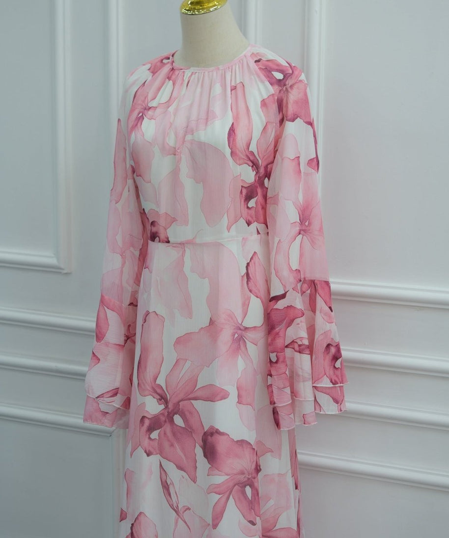 Watercolour Print Double-Layer Flared-Sleeve Maxi Dress(MS479)