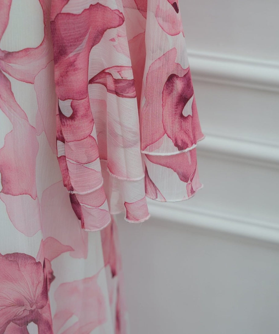 Watercolour Print Double-Layer Flared-Sleeve Maxi Dress(MS479)