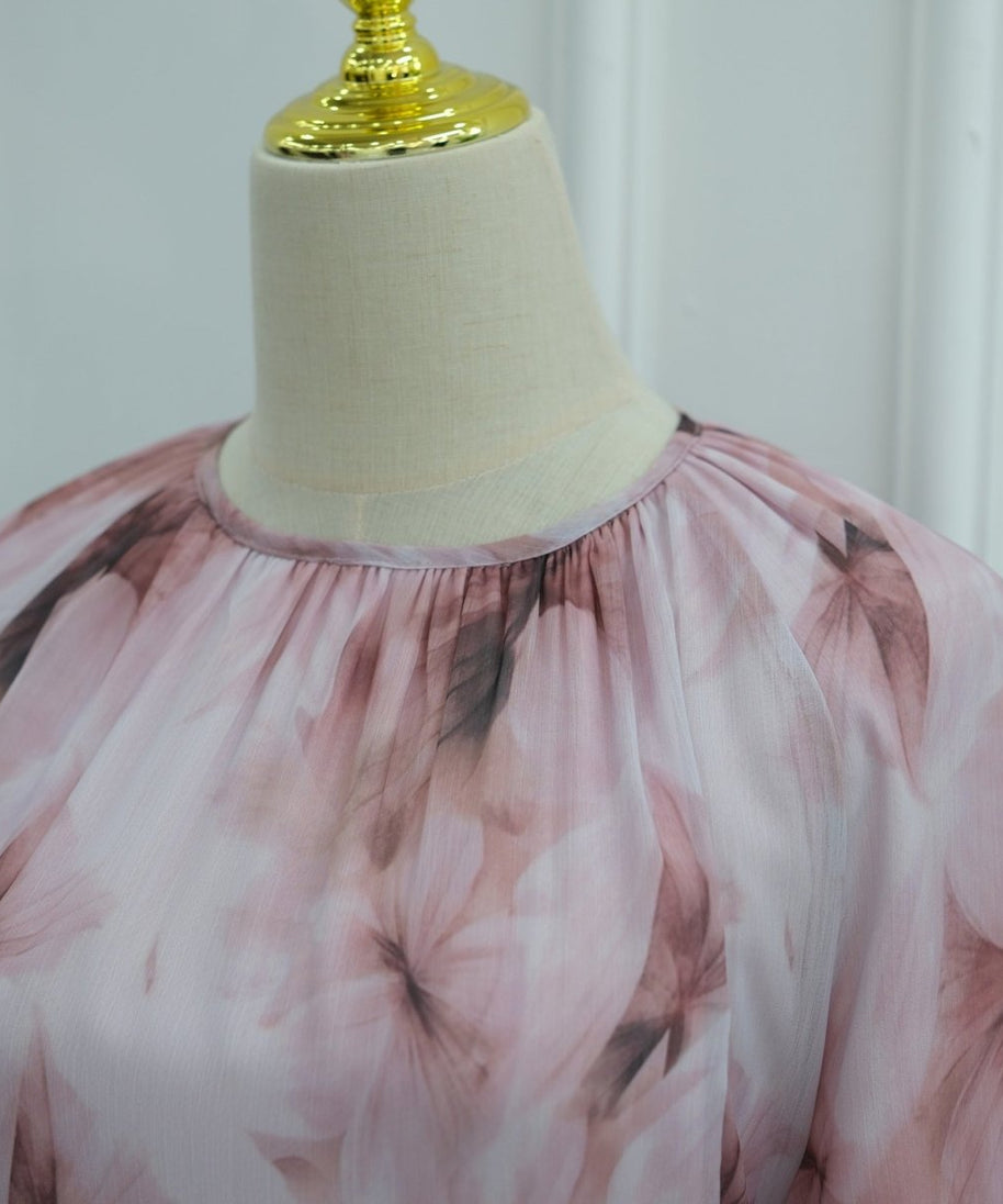 Watercolour Print Double-Layer Flared-Sleeve Maxi Dress(MS479)