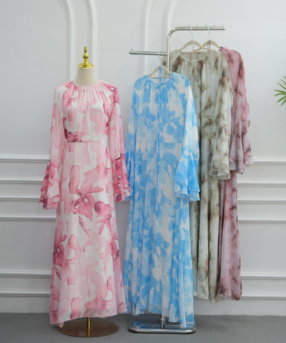 Watercolour Print Double-Layer Flared-Sleeve Maxi Dress(MS479)