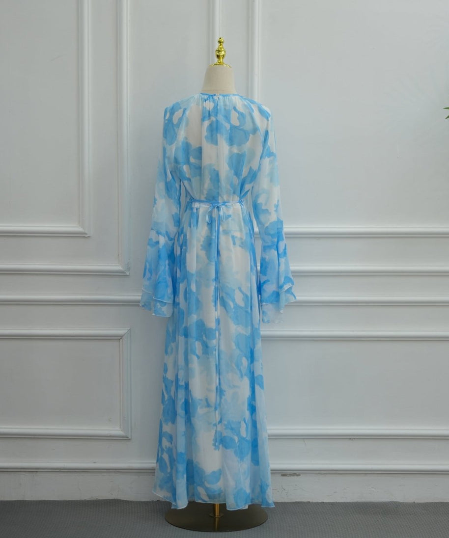 Watercolour Print Double-Layer Flared-Sleeve Maxi Dress(MS479)