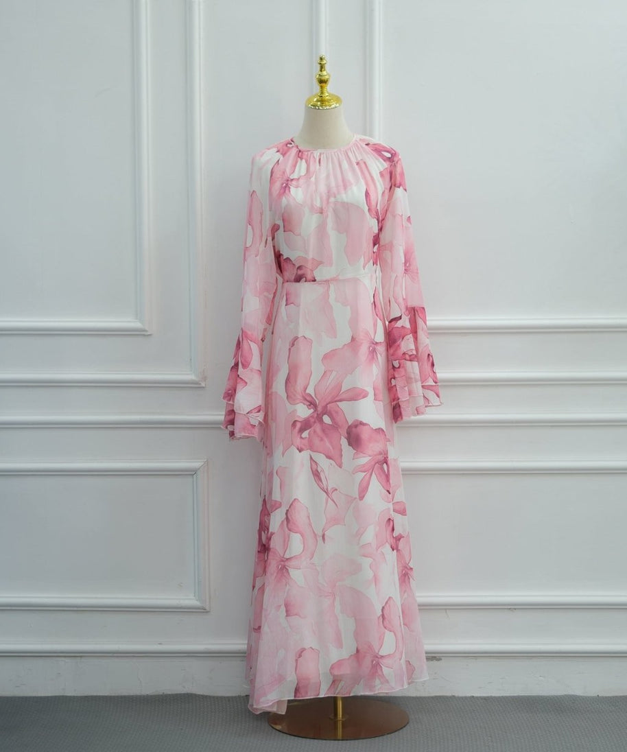 Watercolour Print Double-Layer Flared-Sleeve Maxi Dress(MS479)