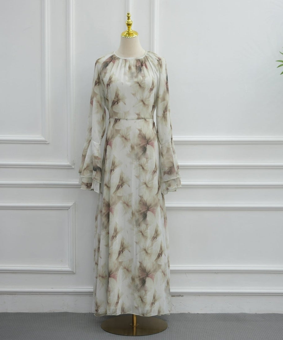 Watercolour Print Double-Layer Flared-Sleeve Maxi Dress(MS479)