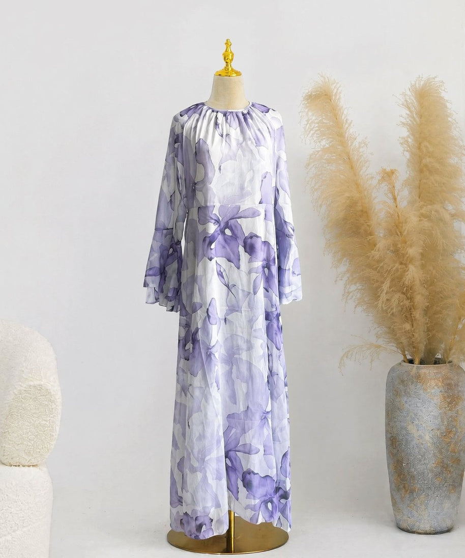 Watercolour Print Double-Layer Flared-Sleeve Maxi Dress(MS479)