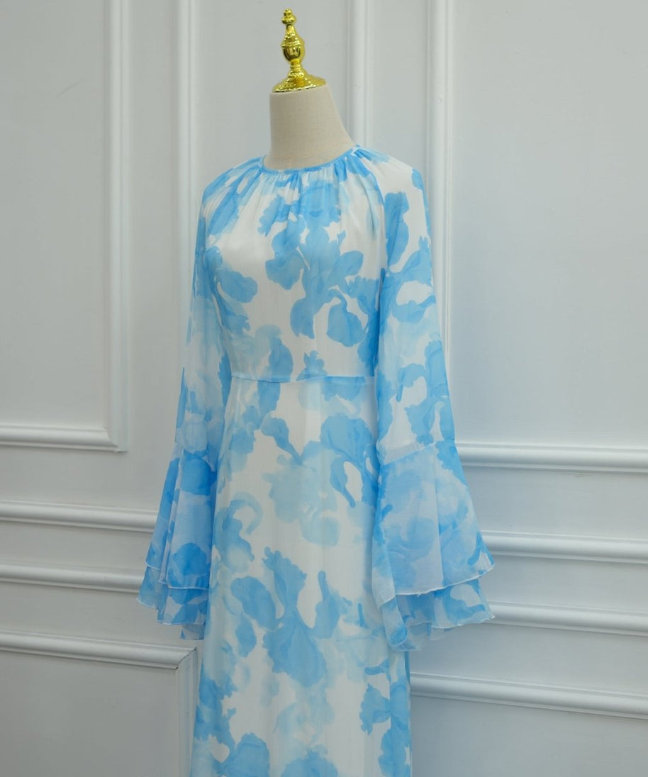 Watercolour Print Double-Layer Flared-Sleeve Maxi Dress(MS479)