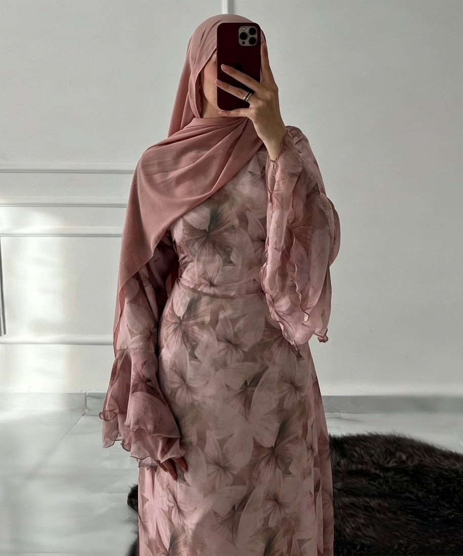 Watercolour Print Double-Layer Flared-Sleeve Maxi Dress(MS479)