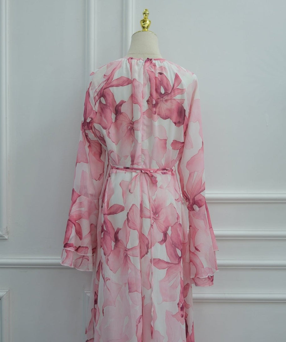 Watercolour Print Double-Layer Flared-Sleeve Maxi Dress(MS479)