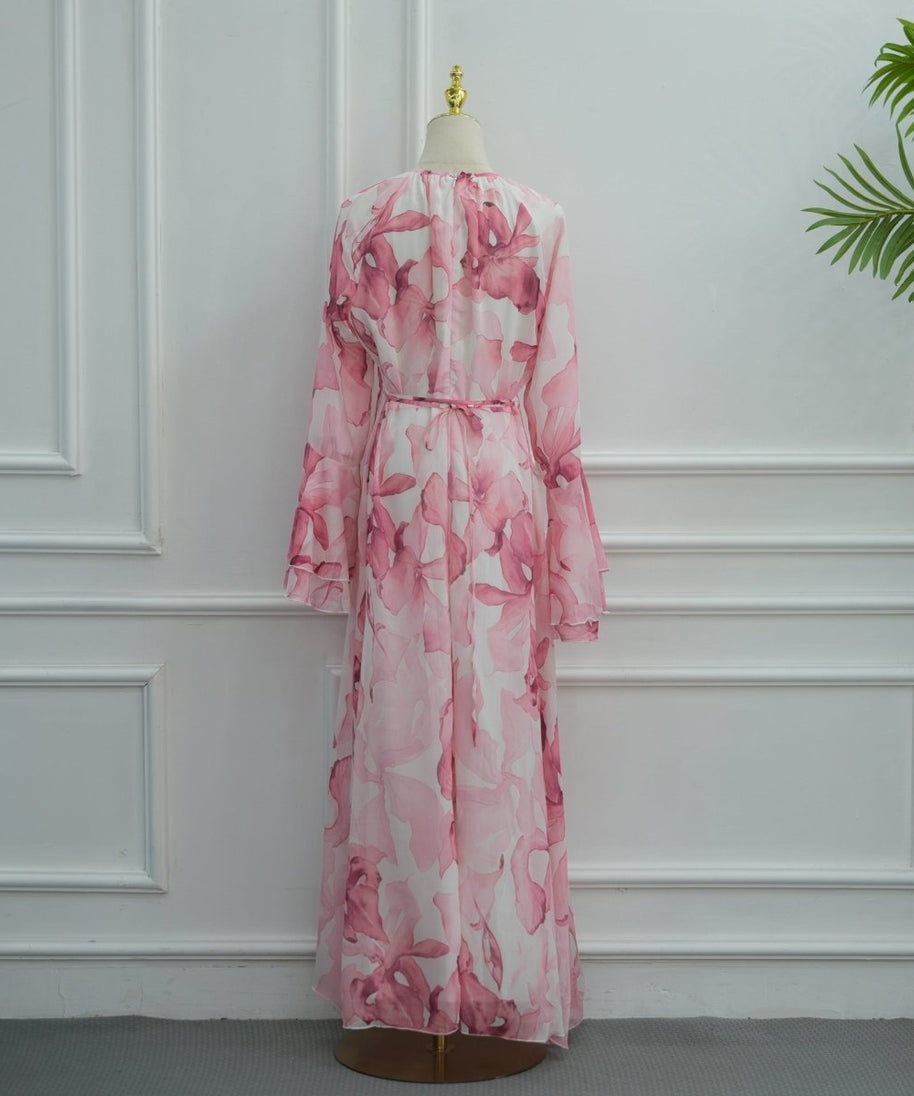 Watercolour Print Double-Layer Flared-Sleeve Maxi Dress(MS479)