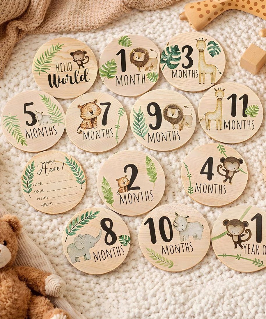 Wooden Baby Milestone Cards – Safari Theme Monthly Photo Props | Newborn to 1 Year Gift Set